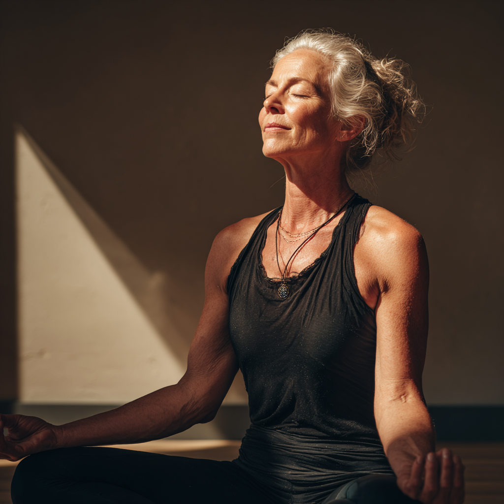 Experienced mature yoga instructor demonstrating poses in tranquil studio environment