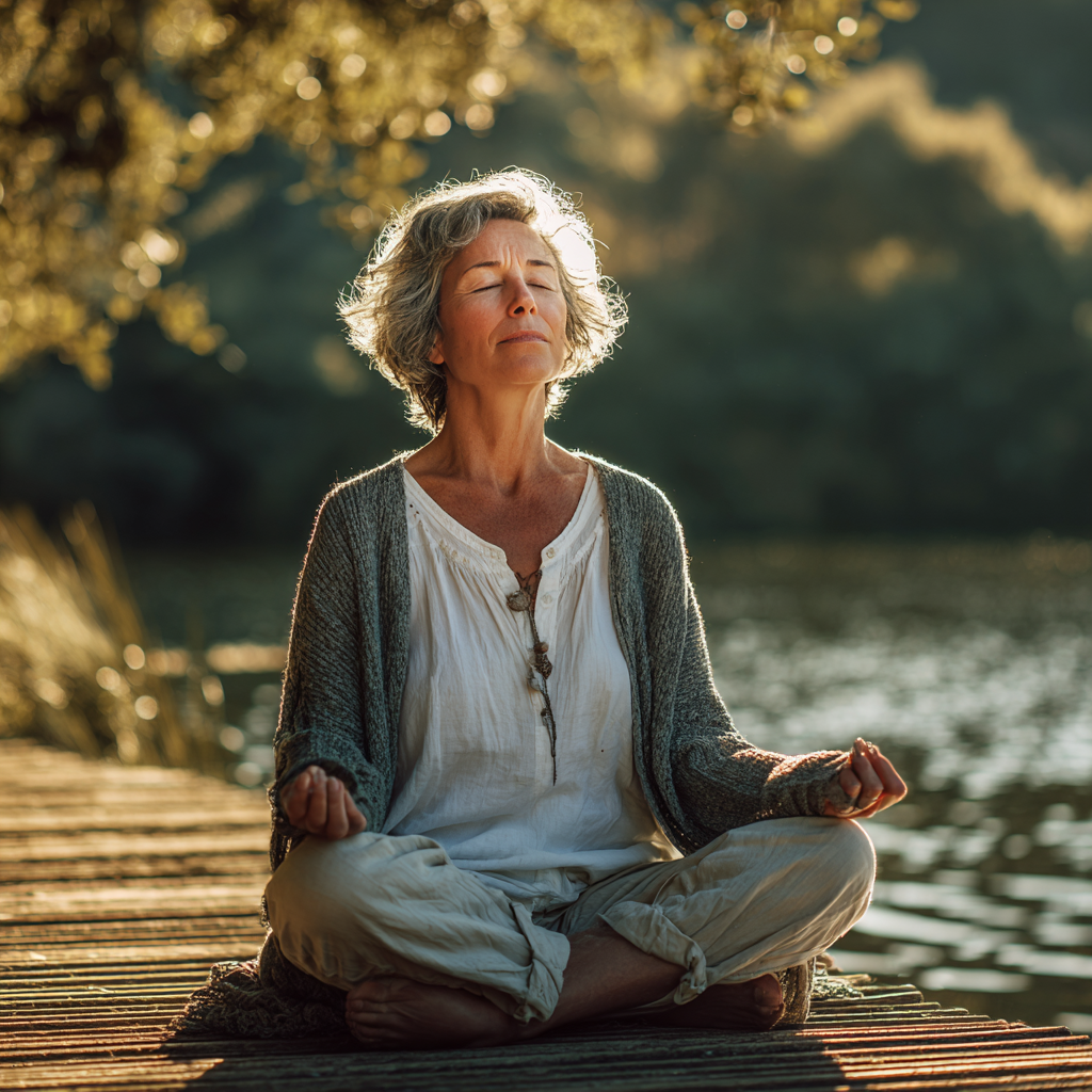 Middle-aged woman practicing peaceful meditation in serene natural setting